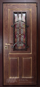 Элитная дверь с витражом и ковкой №20 с отделкой Массив дуба - фото